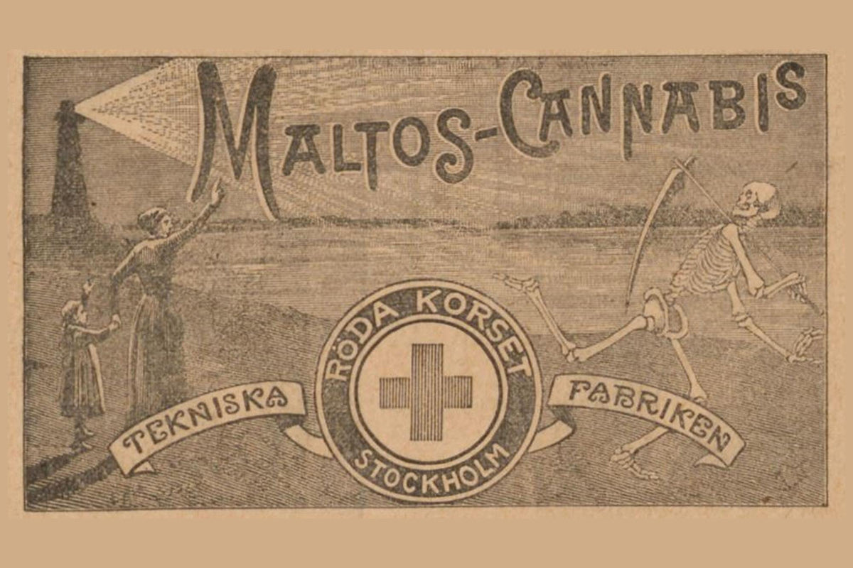 picture of a label for the early 19th century Swedish cannabis drink, Maltos-Cannabis from Stockholm, featuring a woman and her child on the left and a skeleton with a scythe on the right, contextualizing that this beverage help defeat death.