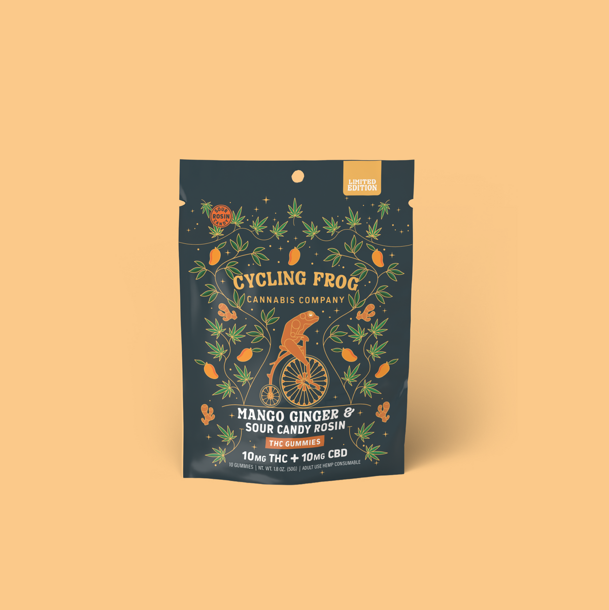 Mango Ginger Rosin Gummies, 10mg THC + 10mg CBD