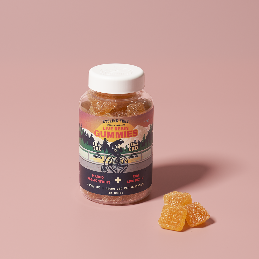 Live Resin Mango Passionfruit Gummies, 10mg THC + 10mg CBD