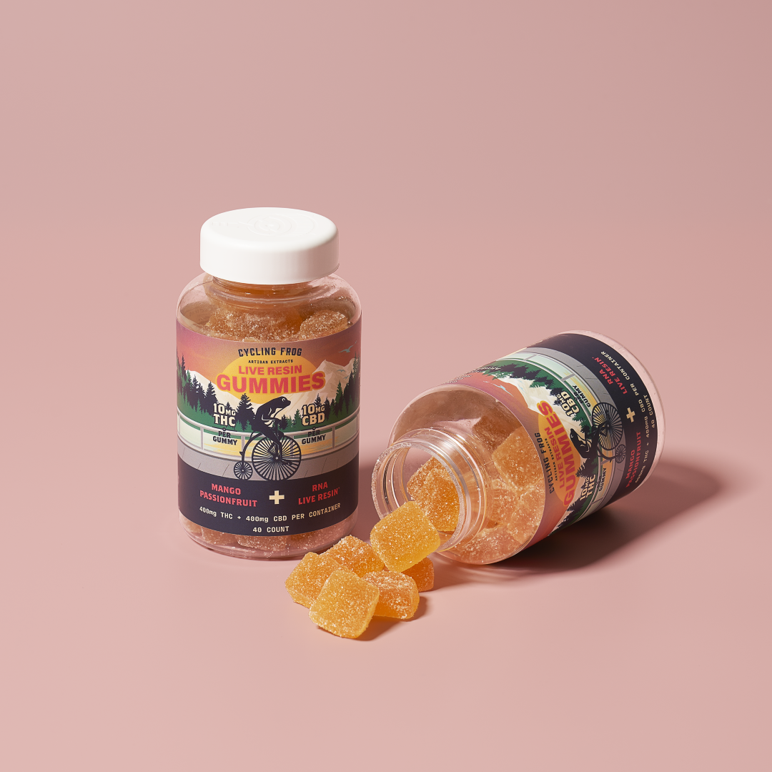 Live Resin Mango Passionfruit Gummies, 10mg THC + 10mg CBD
