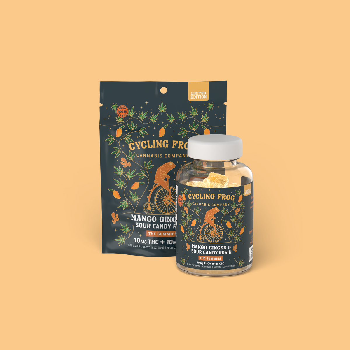 Mango Ginger Rosin Gummies, 10mg THC + 10mg CBD